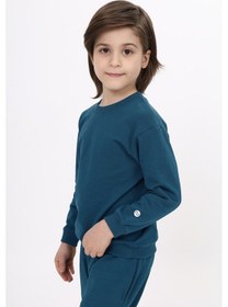 Resim Toontoy Kids Toontoy Erkek Çocuk Relax Fit Bisiklet Yaka Hafif Düşük Omuz Baskılı Sweatshirt - 2 İplik Petrol Mavi 