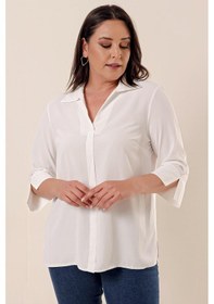 Resim By Saygı Polo Yaka Broşlu Çeyrek Kol Büyük Beden Bluz Beyaz-33476 
