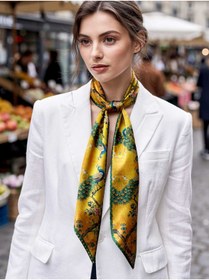 Resim Veille Kadın Yeşil Sarı Renkli Modern Desenli Fular - Blazer, Çanta ve Boyun İçin Uygun -Hediye Alternatifi 