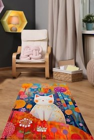 Resim Pelangi Minimalist Sanat Sevimli Kedi Yıkanabilir Kaymaz Taban Leke Tutmaz Çocuk Odası Halısı, Turuncu 60 x 200 