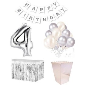 Resim 4 Yaş Beyaz Gümüş Balon Rakam Folyo Banner Mısır Kutusu Masa Et 