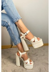 Resim Kadın Elina Sedefli Beyaz Çapraz Bantlı 15 Cm Platform Topuklu Ayakkabı Beyaz 1 