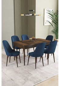 Resim Ikon Barok Desen 80x132 Mdf Açılabilir Yemek Masası Takımı 6 Adet Sandalye Lacivert 