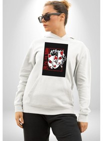 Resim Anime İblis Avcısı Kimetsu No Yaiba Maske Kadın Erkek Beyaz Kapüşonlu Sweatshirt Hoodie Beyaz 