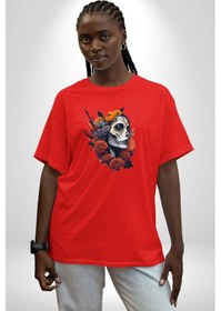Resim Maske Dövmeli Çiçekli Kız Pamuklu Bisiklet Yaka Unisex Oversize Boyfriend Dijital Baskılı Kırmızı T-shirt Kırmızı 