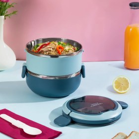 Resim 66732 Stainless Steel Vakumlu Lunch Box Iki Katlı Paslanmaz Çelik Kolay Kilitlenir Kendinden Kaşıklı Sefer Tası – 1000ML Mavi 