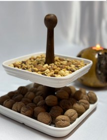 Resim Aless 2 Katlı Ahşap Kulplu Seramik Sunumluk Çerezlik Meyvelik 