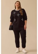Resim Galaxi Kadın Büyük Beden Taş Detaylı Sweatshirt 4002 Siyah Siyah 