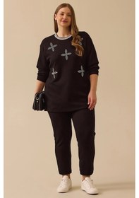 Resim Galaxi Kadın Büyük Beden Taş Detaylı Sweatshirt 4002 Siyah Siyah 