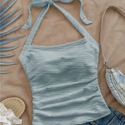 Resim Kadınlar İçin Seksi Omuz Açık Crop Top - Yumuşak Esnek Çizgili H-Siluetli Fiyonk Detaylı Atlet, Plaj Tatili ve Günlük Kullanım için Makinede Yıkanabilir Halter Üst 