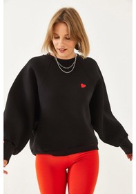Resim Shade Kadın Bisiklet Yaka Kalp Nakışlı Üç İplik Şardonlu Sweatshirt 60251933 - Siyah 