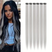 Resim Kadınlar için Y2K Stili Siyah ve Gri Sentetik Saç Parçaları - 55.88 cm Klipsli Uzantılar - Yumuşak, Pürüzsüz Yüksek Sıcaklık Elyafı - Güçlü BB Klipsleri Dahil - Yeni Yıl, Parti, Sevgililer Günü Hediyesi için Mükemmel - Günlük Kullanım 