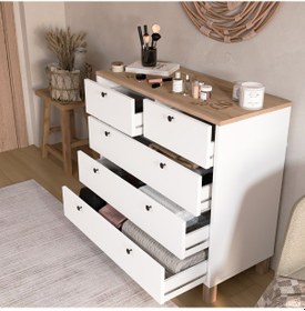Resim Robin Home Alaska Şifonyer 5 Çekmece Ahşap Ayaklı Sepet-beyaz Beyaz 
