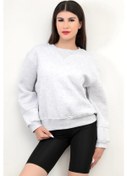 Resim Kar Melanj Kadın Basic Sweatshirt Yakası V Rabina Detaylı Üç İplik Pamuk Karışımlı - 2574 Kar Melanj 