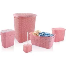 Resim Neonova 5 Parça Örgü Desenli Plastik Banyo Seti Çamaşır Sepeti Deterjanlık Klik Çöp Kovası Klozet Fırçası 