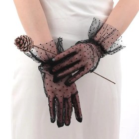 Resim NessiWorld Short Length Laced Black Polka Dot Tulle Gloves Black Color 