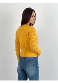 Resim Miss Poem Kadın Sarı Örgü Desenli Düğmeli Hırka Sarı 