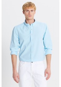 Resim Erkek Turkuaz Tailored Slim Fit Dar Kesim Düğmeli Yaka Gofre Desenli Gömlek Turkuaz 