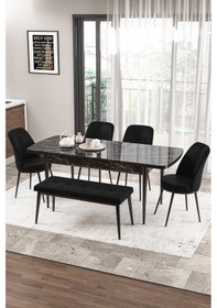 Resim Canisa Zen Serisi 80x132 Mdf Açılabilir Siyah Mermer Desen Masa Takımı 4 Siyah Sandalye Ve 1 Bench Asa Siyah Mermer Desen Sandalye Siyah 