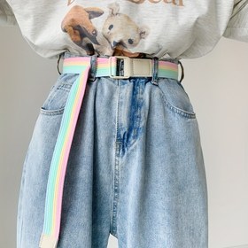 Resim 1 Adet Kadınlar İçin İnce Gökkuşağı Çizgili Ayı Desenli ve "Wander Free" Yazılı Kemer - Jeans, Günlük Giyim, Parti Aksesuarı, Şık Tokalı, Stil Tutkunları için Ayarlanabilir Moda Kemeri 