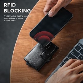 Resim Kredi Kartı Tutucu, RFID Engelleme Özellikli Hakiki Deri Cüzdan, 3 Yuvalı - Siyah Kare 