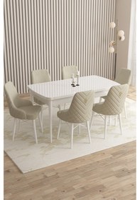 Resim Mazaka Serisi 80x132 Açılabilir Mdf Beyaz Masa Takımı 6 Cappucino Sandalye Krem 