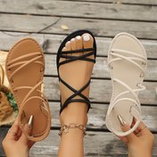 Resim Kadınlar için Şık Minimalist Çapraz Kayışlı Düz Sandaletler - Giyilebilir Açık Burunlu Yazlık Plaj Ayakkabıları, Sahte Kaplama Üst & Kauçuk Taban, Kahverengi/Siyah/Beyaz Günlük Dış Mekanlar ve Tatiller İçin, Bağcıklı Sandaletler, Çapraz Kayış Tasarımı, Sentetik Malzeme Ayakkabı 