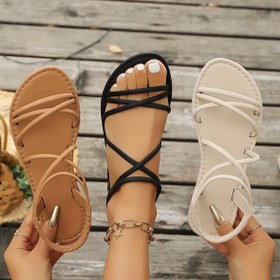 Resim Kadınlar için Şık Minimalist Çapraz Kayışlı Düz Sandaletler - Giyilebilir Açık Burunlu Yazlık Plaj Ayakkabıları, Sahte Kaplama Üst & Kauçuk Taban, Kahverengi/Siyah/Beyaz Günlük Dış Mekanlar ve Tatiller İçin, Bağcıklı Sandaletler, Çapraz Kayış Tasarımı, Sentetik Malzeme Ayakkabı 