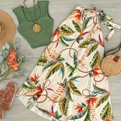 Resim Şık Yeşil Kolsuz Üst ve Tropikal Baskılı Etek Takımı - Omuz Üstü, Dantel Detay, Polyester, Bahar/Yaz için Mükemmel, Rahat Kıyafet|Tropikal Baskılı Etek|Polyester Kumaş 