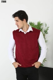 Resim Erkek V Yaka Kolsuz Süveter Triko Kazak yumuşak dokulu Pamuklu ince Dokuma Rahat Regular kalıp Bordo 