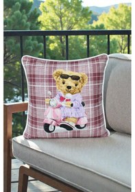 Resim Kırlent Kılıfı 2'li Ayıcık Desenli 45x45 Raşel Örme Kadife Çift Taraflı Dijital Baskı Beyaz Biyeli Çok Renkli 