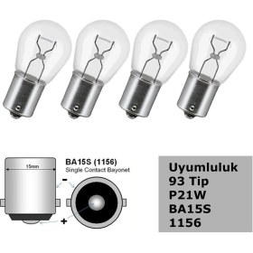 Resim 3 Tıkla 93 Tip P21W Tek Duy Düz Tırnak Siyal, Stop Halojen Ampul 12V 4 Adet 