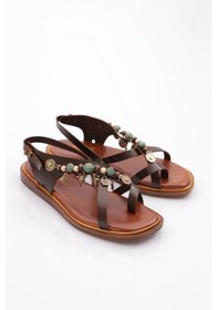 Resim Dgn 305 Kadin Yanlari Boncuk Detayli Sandalet 305-2178-R0878 Koyu Kahverengi 