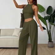 Resim Kadınlar için şık düz renkli kolsuz crop top ve bol pantolon takımı - Günlük hayatı, plajı, Hawaii'yi, romantikliği, randevuyu, partiyi ideal kılar - Şık siyah sandaletler dahil, plaj kıyafeti|Şık kolsuz üst|Leopar desenli çanta, plaj kıyafetleri 