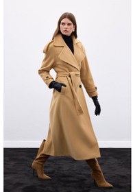 Resim Sateen Geniş Yaka Uzun Kaban - Camel-136666 Camel 