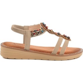 Resim Voyager Bej Hakiki Deri Taş İşlemeli Kadın Düz Sandalet Çok Renkli 