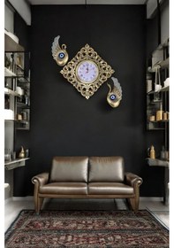 Resim Dekoratif Polyester Duvar Saati Ve Nazar Boncuklu 2 Kuğu Altın 