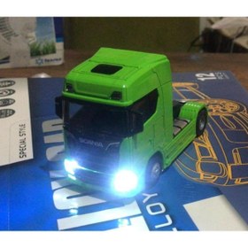 Resim metaş oyuncak Oyuncak Metal Model Işıklı Sesli Yeşil Scania Tır Çek Bırak 12 cm 