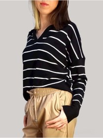 Resim boutique venüs V Polo Yaka Çizgili Triko Kazak Siyah Renkli Standart Beden 