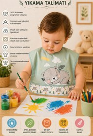 Resim Bebechi Sevimli Ayı Desenli Cepli Kısa Kollu Su Geçirmez Bebek Mama Önlüğü 
