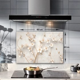 Resim Decorita Cam Ocak Arkası Koruyucu | Beyaz Çiçek - Gold 