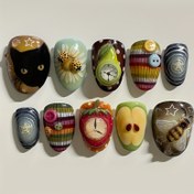 Resim 10 Adet El Yapımı Avrupa Tırnak Stickerları - Parlak Basınçlı Tırnaklar, Siyah Kediler, Arılar, Elma Desenli - Uzun Badem Formu (Orta Boy) - Kadınlar İçin Şık Manikür, Partiler ve Günlük Kullanım - Vintage Çiçek & Meyve Tasarımlar - Lüks Tırnak Sanatı Dekorasyonları, Parti Aksesuarları 