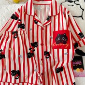 Resim Yaz Bulutları İki Parçalı Kadın Kısa Kollu Rahat Çizgili Pijama Takımı 