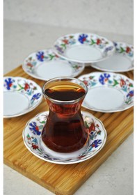 Resim 6'lı Porselen Çay Tabağı Lale Motifli Osmanlı Deseni Beyaz - mavi 
