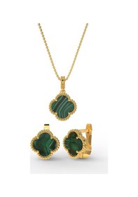 Resim Erdobia 925 Ayar Yeşil Kaplangözü Taşlı Gold Yonca Kolye Küpe 2'li Gümüş Set-takım 