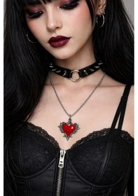 Resim Gotik Kırmızı Kalp Kolye Gümüş Renk Zincir Unisex Metal Aksesuar Çok renkli 