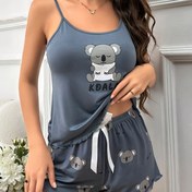 Resim Sevimli Kadın Koala Mektup Baskılı Pijama Takımı - Kolsuz Üst "KOAL" Tasarımı ve Eşleşen Şort, Yeşil, Polyester Karışımı, Tüm Mevsimler İçin Mükemmel, Rahat Ev Giyimi | Canlı Tasarım | Parlak Kumaş, Sevimli Pijama Takımı 