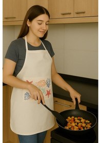Resim Deniz Temalı Cepli Mutfak Önlüğü Pamuk Kumaş, Yumuşak Ve Hafif Yapı Ekru 