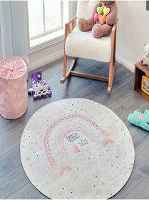 Resim SZK STORE Çocuk Odası Halısı Oyun Matı Makinede Yıkanabilir Kaymaz Taban Leke Tutmaz Yuvarlak 120*120 Gökkuşağ 