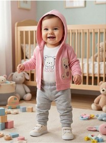 Resim Kız Bebek Ayıcık Baskılı %100 Pamuklu Hırka Body Ve Pantolon 3'lü Takım Gülkurusu 